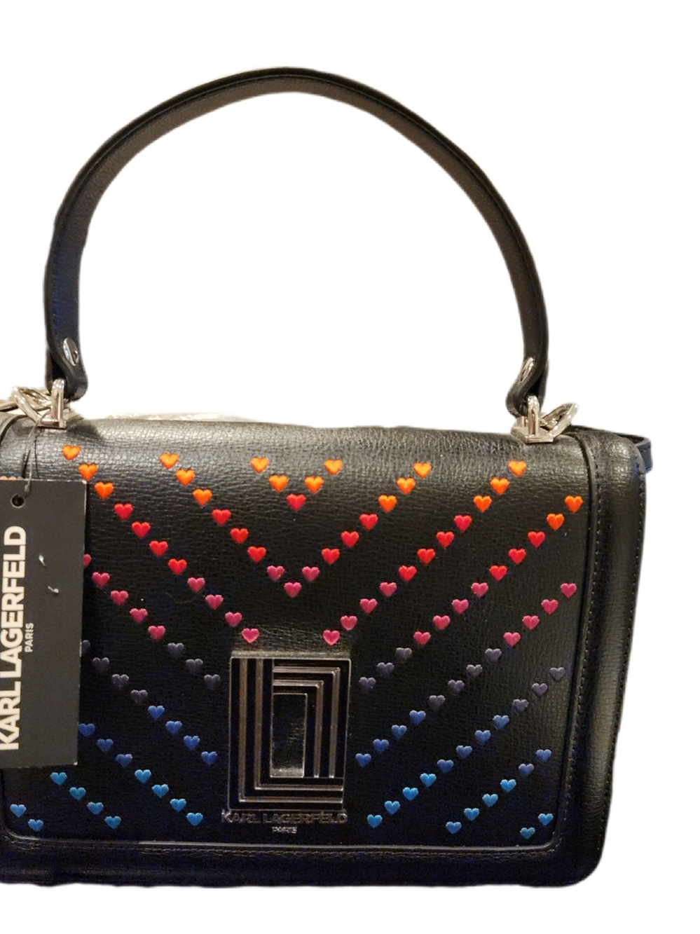 New Karl Lagerfeld Simone Ombre Heart Shoulder Bag Hearts Embroidered Black